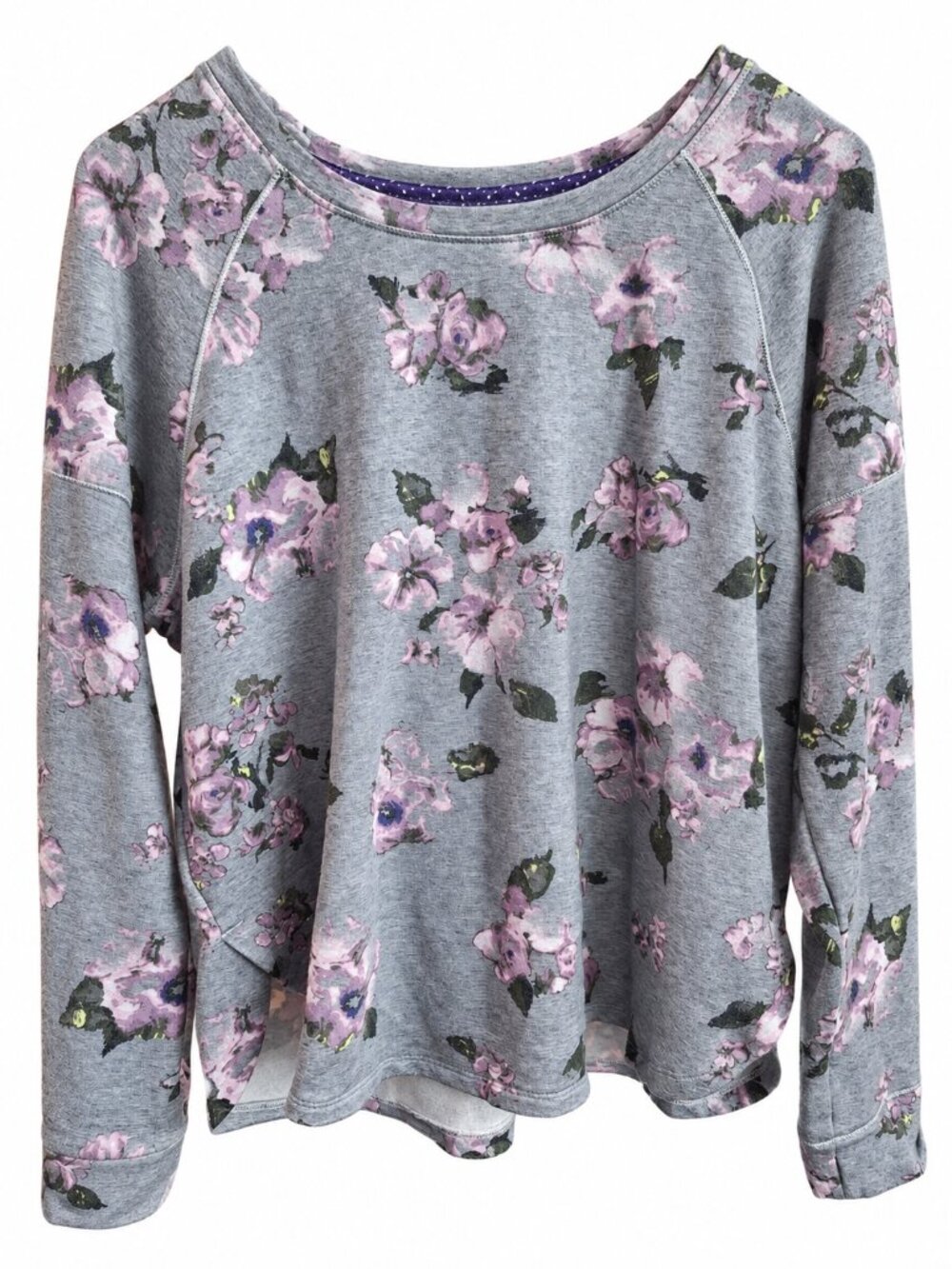 Kensie Floral Print Raglan Pullover Sweatshirt Gray Purple Pink XL